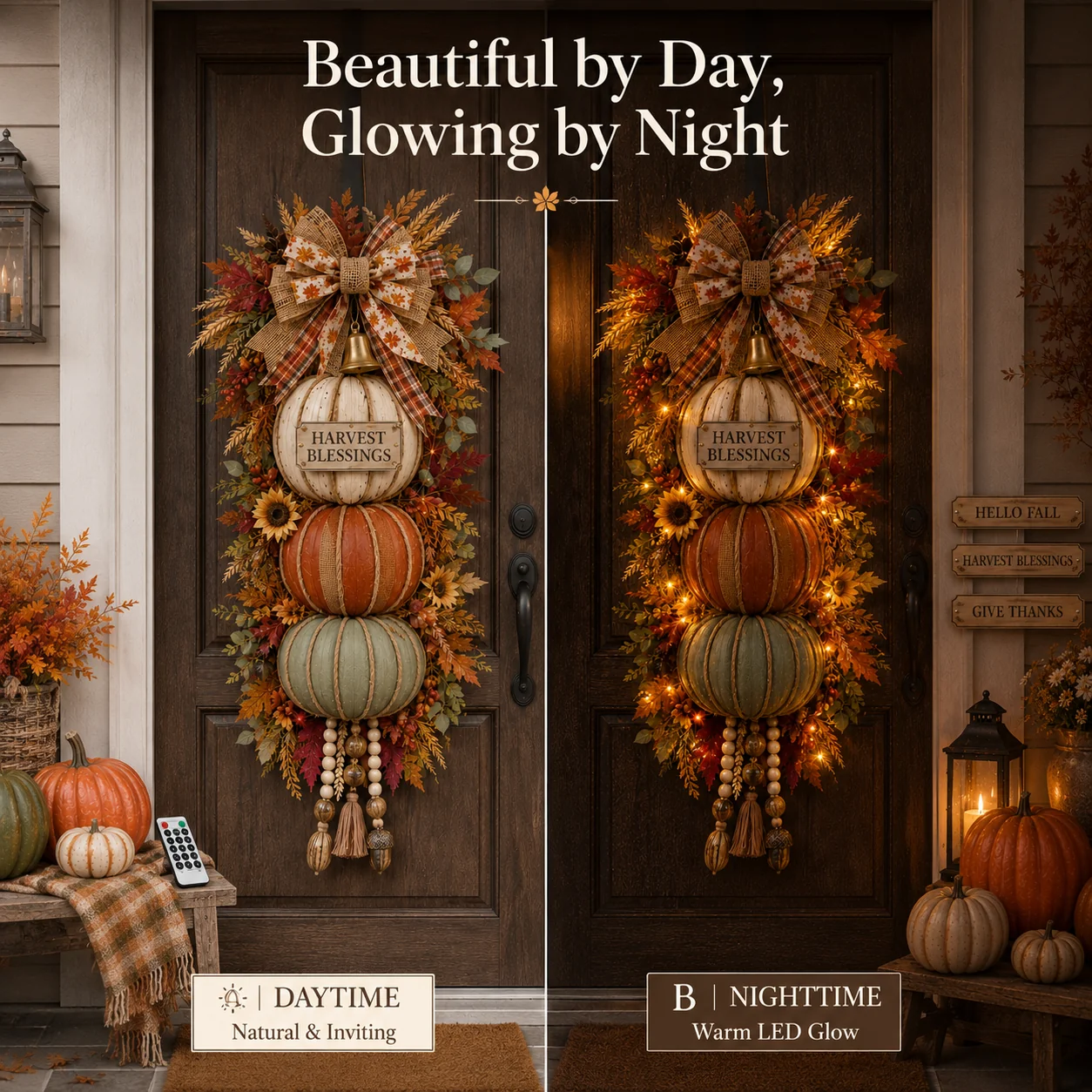 🏡🎃Lighted Stacked Pumpkin Fall Door Decor with 3 Seasonal Pl