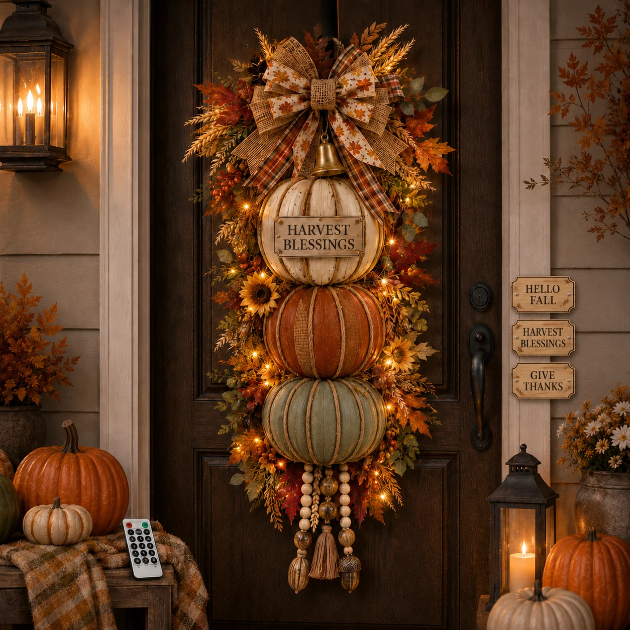 🏡🎃Lighted Stacked Pumpkin Fall Door Decor with 3 Seasonal Pl