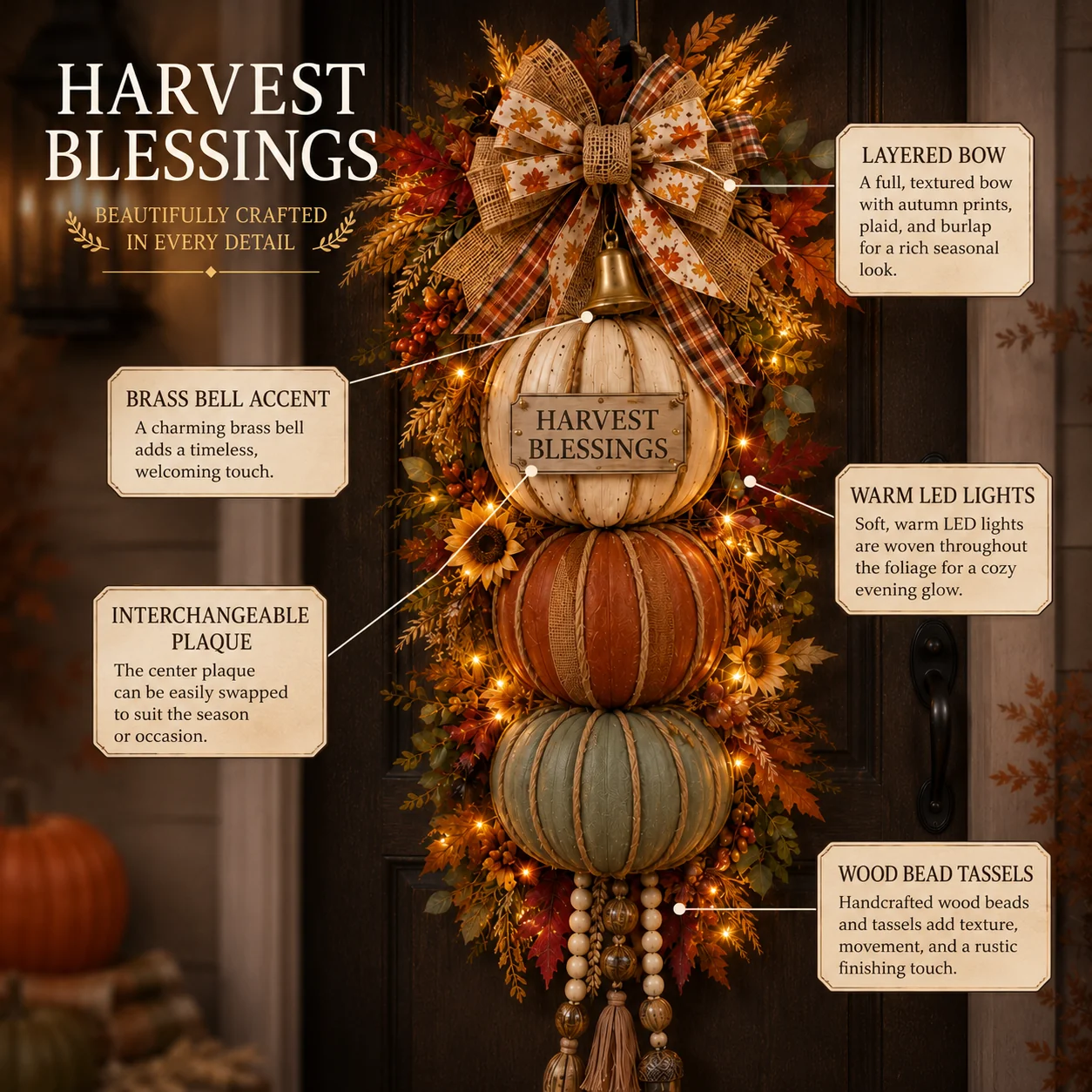 🏡🎃Lighted Stacked Pumpkin Fall Door Decor with 3 Seasonal Pl
