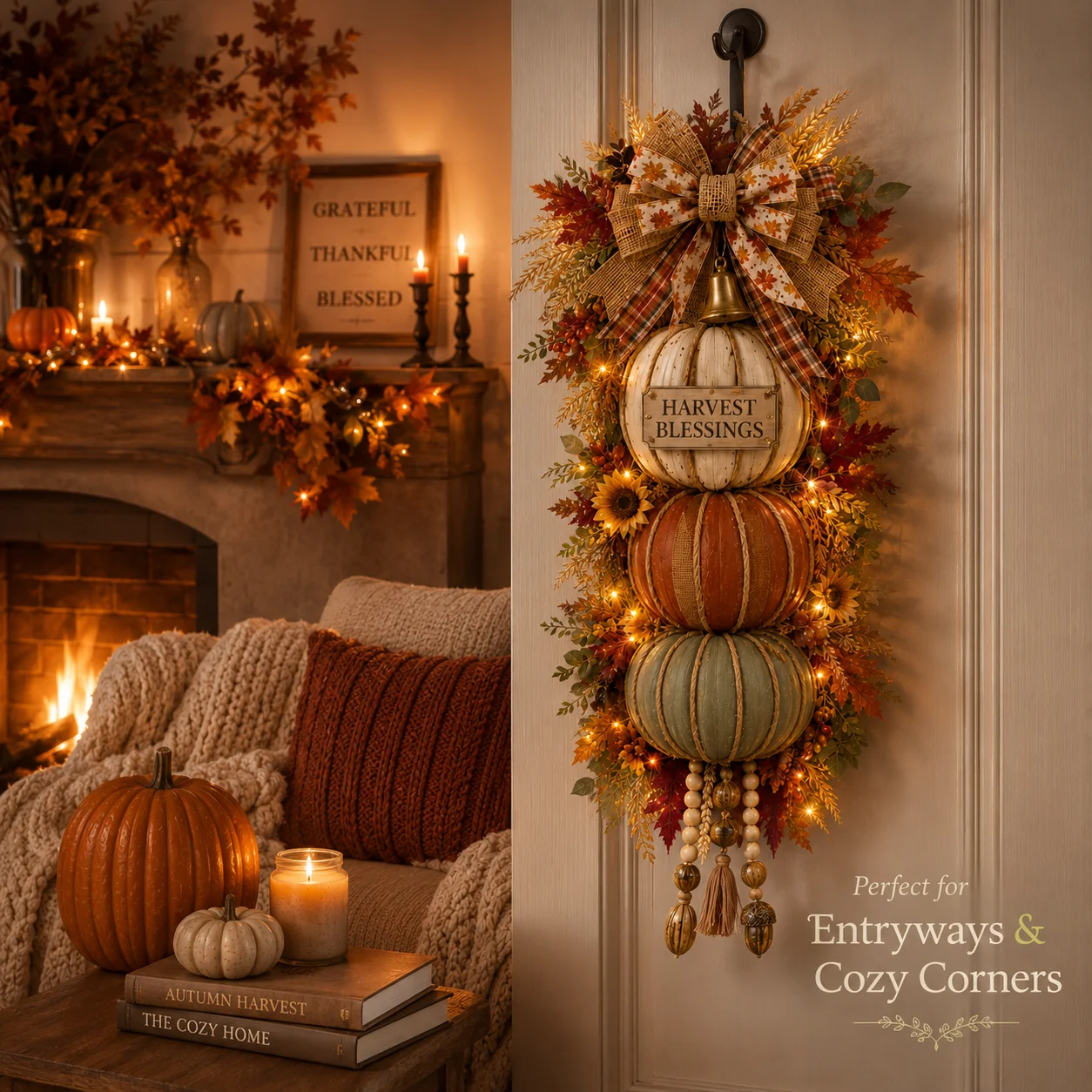 🏡🎃Lighted Stacked Pumpkin Fall Door Decor with 3 Seasonal Pl