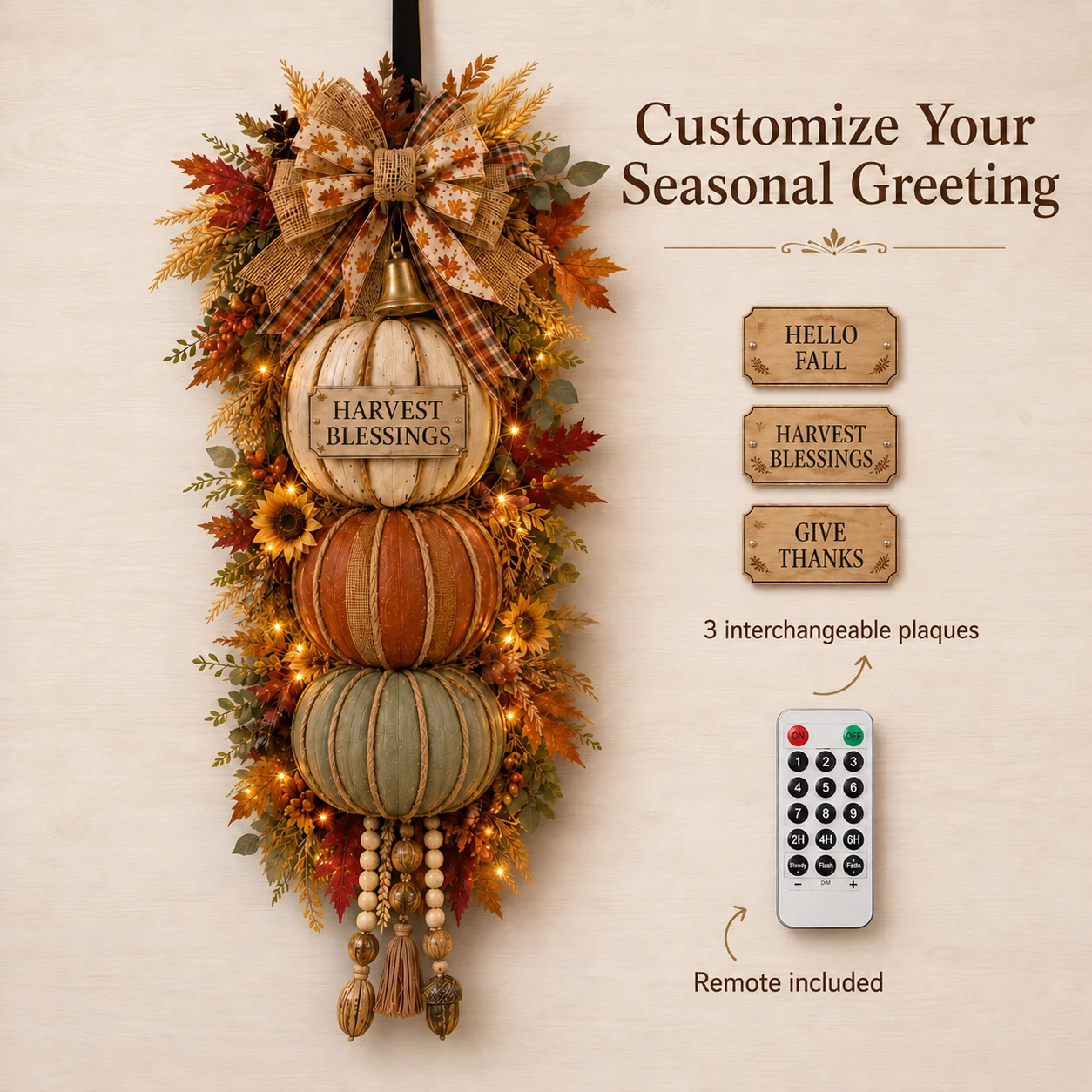 🏡🎃Lighted Stacked Pumpkin Fall Door Decor with 3 Seasonal Pl